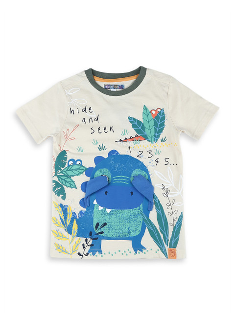 

Nauti Nati Boys Off-White & Blue Cotton Printed Round Neck T-shirt