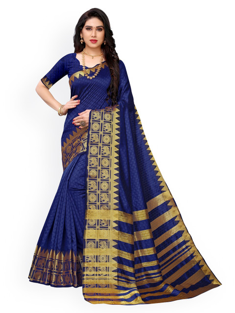 

KALINI Navy Blue & Gold Poly Silk Woven Design Kanjeevaram Saree
