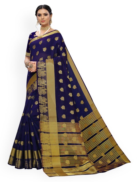 

KALINI Navy Blue & Gold-Toned Silk Cotton Woven Design Chanderi Saree