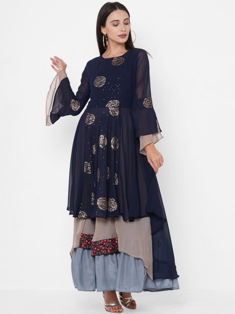 

FASHOR Women Navy Blue Printed Maxi Dress