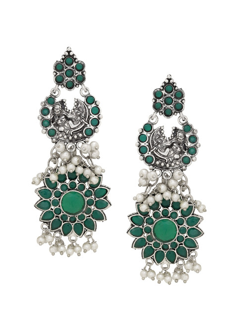 

Silvermerc Designs Green & Silver-Toned Oxidised Stone Studded & Beaded Drop Earrings