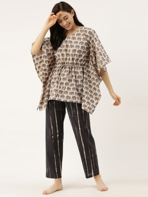 

Bannos Swagger Women Beige & Black Printed Night suit