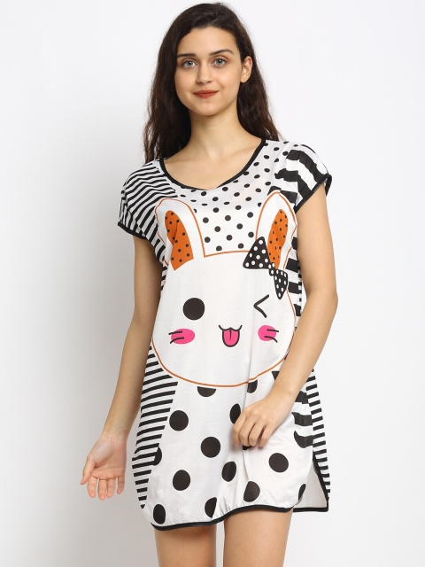 

NEUDIS White & Black Printed Cotton Sleep Shirt