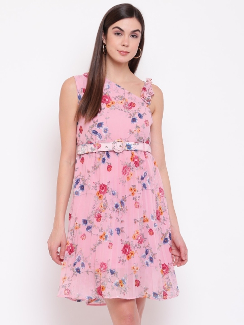 

Ashnaina Women Pink & Blue Printed A-line Dress with Belt