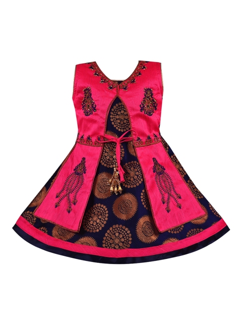 

Wish Karo Navy Blue & Pink Ethnic Motifs Layered Silk Satin Dress