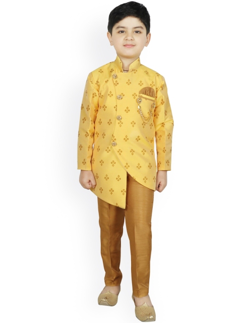 

SG YUVRAJ Boys Yellow & Gold Colored Brocade Indo Silk Sherwani Set