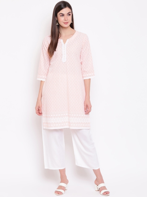 

Ashnaina Women Peach-Coloured & White Chikankari Self Design Kurta with Palazzos