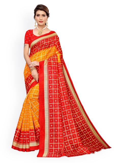 

KALINI Red & Yellow Poly Silk Checked Bandhani Saree