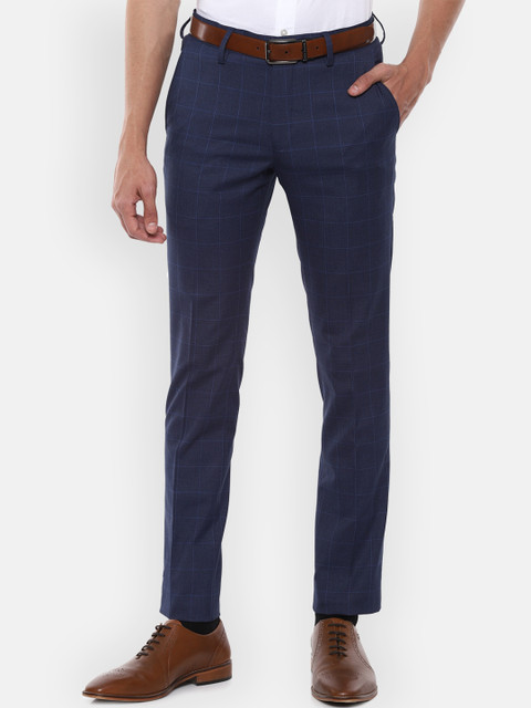 

Louis Philippe Men Navy Blue Slim Fit Checked Formal Trousers