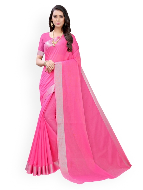 

KALINI Pink Cotton Blend Solid Kanjeevaram Saree