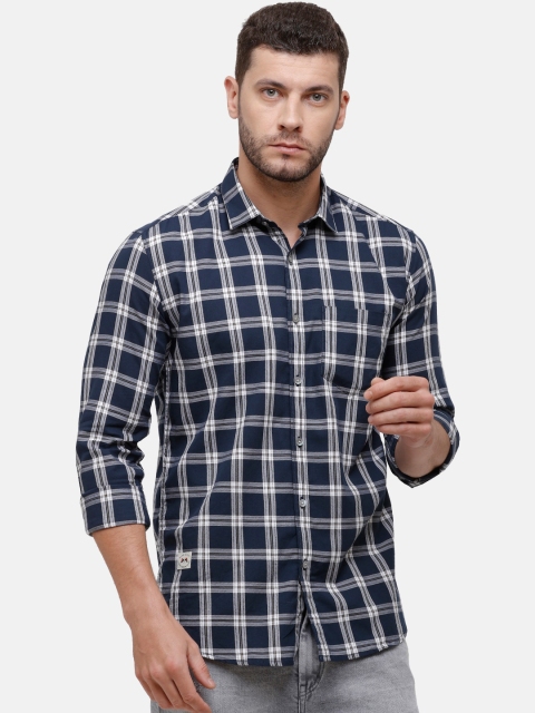 

Alan Scott Men Navy Blue & White Regular Fit Checked Pure Cotton Casual Shirt