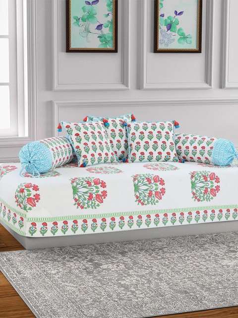 

Salona Bichona Set Of 6 White & Red Printed 144 TC Cotton Bedsheet With Bolster & Cushion Covers