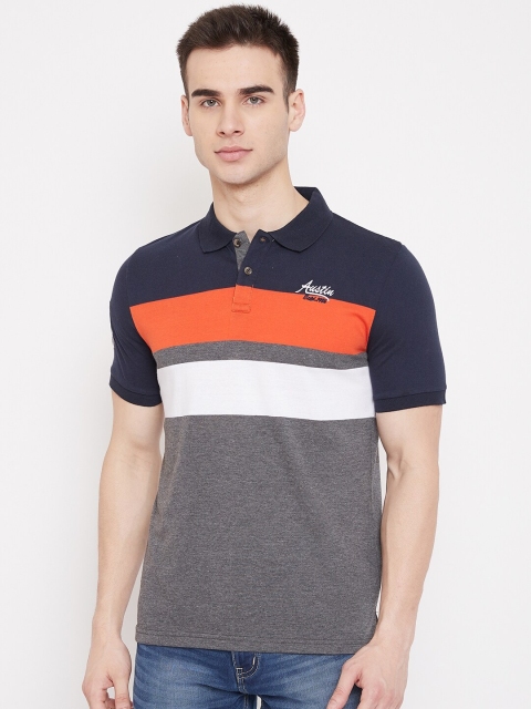 

Austin wood Men Orange & Grey Colourblocked Polo Collar T-shirt