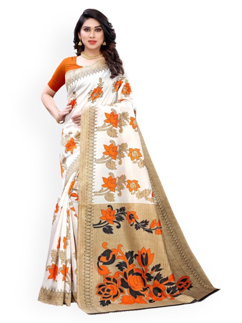 

KALINI White & Orange Poly Silk Printed Saree