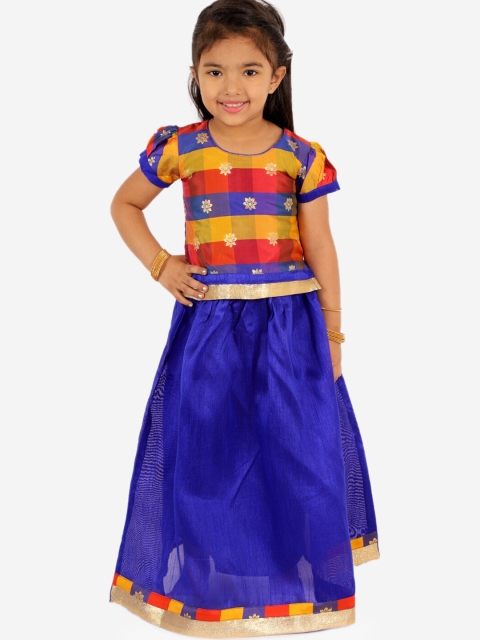 

KID1 Girls Blue & Red Woven Design Ready to Wear Pavda Pattu Lehenga with Blouse