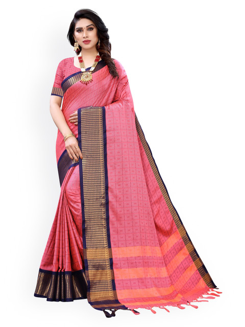 

KALINI Pink & Blue Silk Blend Solid Banarasi Saree
