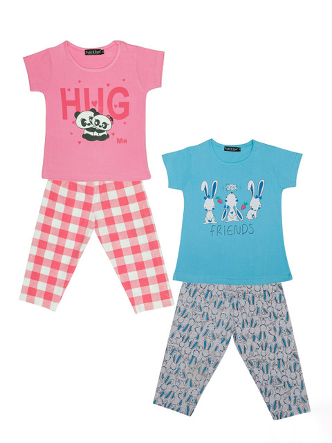 

Todd N Teen Girls Pack of 2 Blue & Grey Printed Pure Cotton Night suit