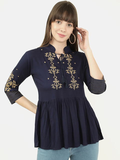 

V2 Value & Variety Blue Tie-Up Neck Peplum Top