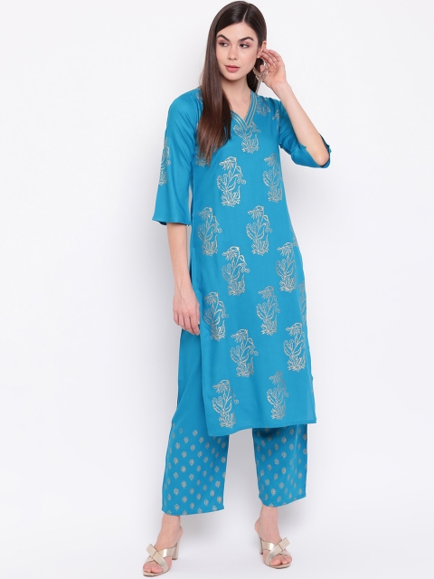 

Ashnaina Women Turquoise Blue Woven Design Kurta with Palazzos