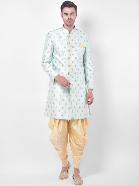

DEYANN Men Blue & Gold-Coloured Woven-Design Jacquard & Dupion Silk Sherwani Set