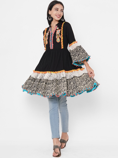 

FASHOR Women Black & White Floral Printed Embellished Cotton A-Line Tiered Flared Kurtis