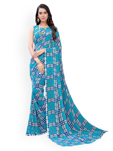 

KALINI Blue & White Pure Georgette Checked Saree