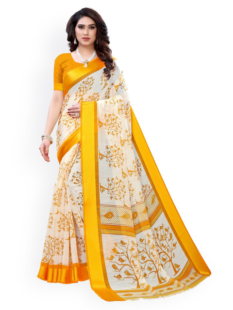 

KALINI Yellow & White Polycotton Printed Saree