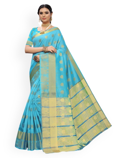 

KALINI Turquoise Blue & Gold-Toned Silk Cotton Woven Design Chanderi Saree