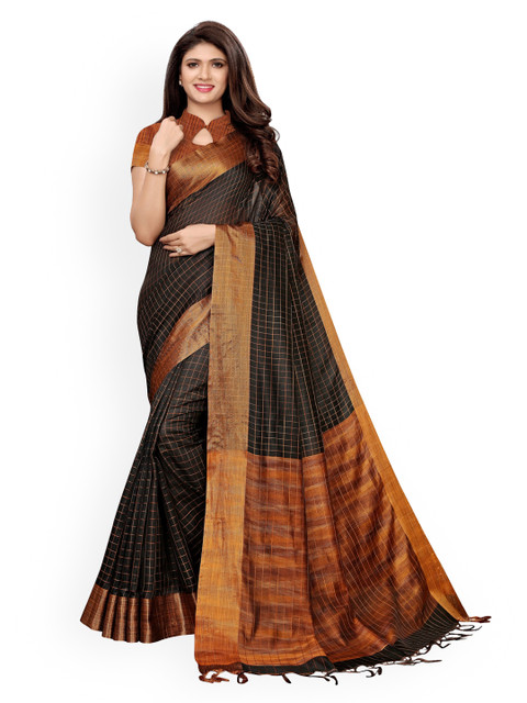 

KALINI Black & Brown Silk Cotton Checked Chanderi Saree