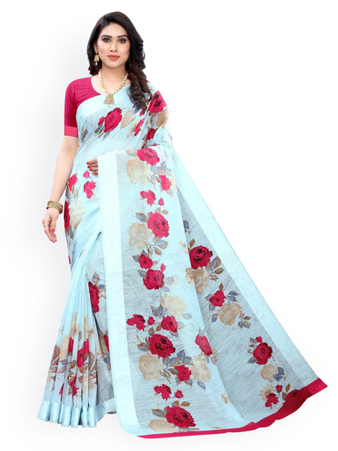 

KALINI Blue & Pink Polycotton Printed Saree