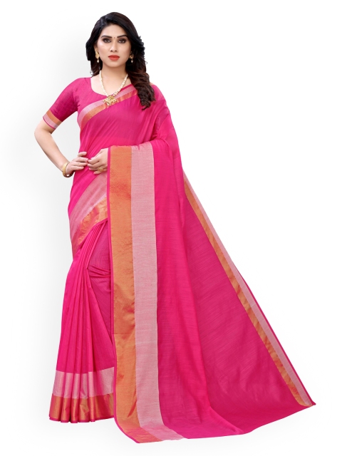 

KALINI Pink Polycotton Solid Kanjeevaram Saree