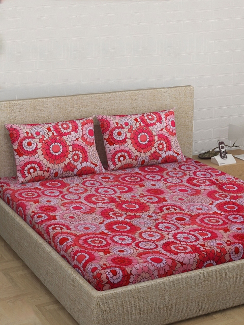 

Divine Casa Red & Pink Floral 180 TC Cotton 1 Queen Bedsheet with 2 Pillow Covers