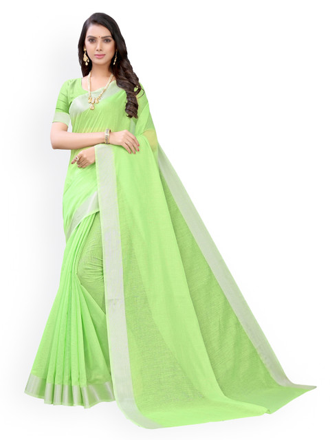 

KALINI Green Cotton Blend Solid Kanjeevaram Saree