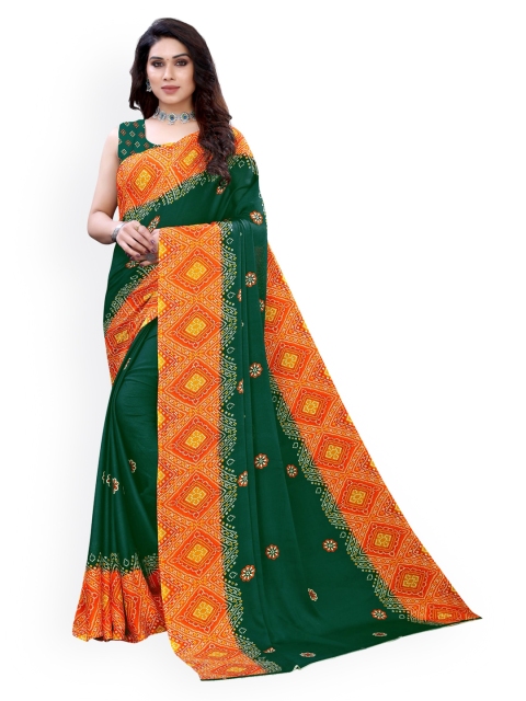 

KALINI Green & Orange Pure Georgette Printed Bandhani Saree