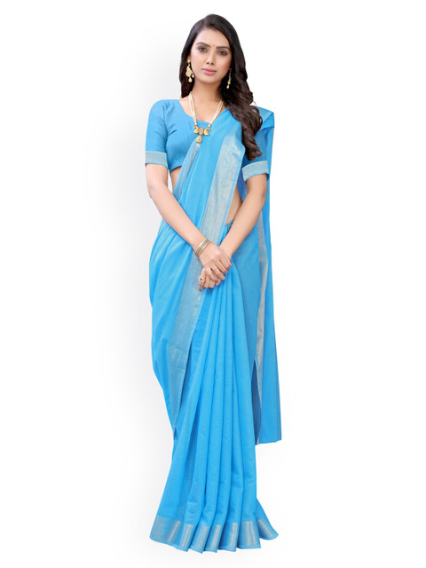 

KALINI Blue Cotton Blend Solid Kanjeevaram Saree