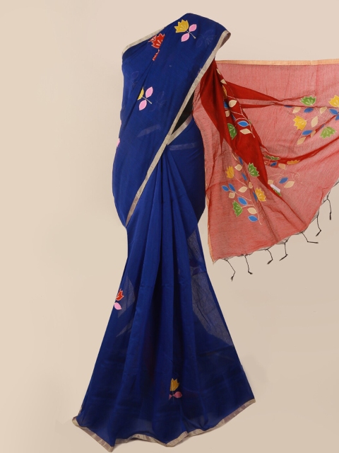 

Pothys Blue & Red Cotton Blend Embellished Saree