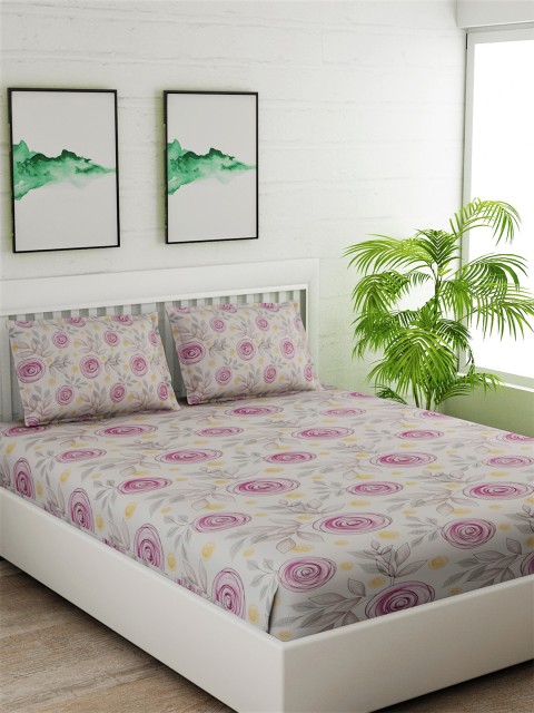 

Salona Bichona White & Pink Floral 144 TC Cotton 1 Queen Bedsheet with 2 Pillow Covers