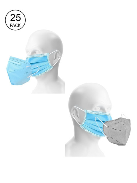 

OOMPH Unisex Pack Of 25 Disposable 3 Ply & Pack of 4 5-Ply Reusable Anti-Pollution KN95 Face Masks, Blue
