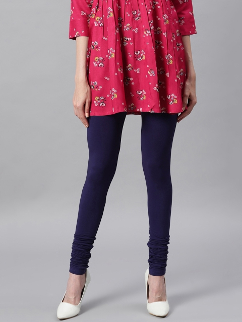 Janasya Women Navy Blue Solid Churidar-Length Leggings