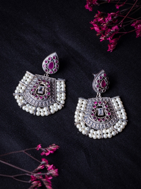

MORKANTH JEWELLERY Silver-Plated & Pink Oxidised Contemporary Drop Earrings