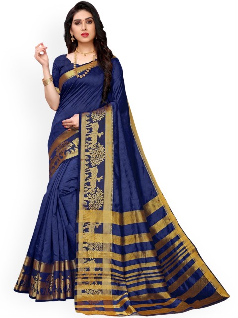 

KALINI Navy Blue & Gold-Toned Poly Silk Printed Kanjeevaram Saree
