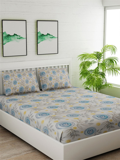 

Salona Bichona Grey & Blue Floral 144 TC Cotton 1 Queen Bedsheet with 2 Pillow Covers