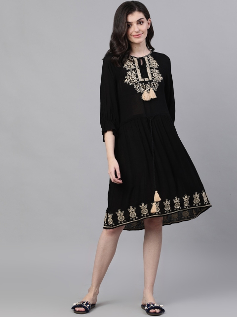 

Ishin Women Black Embroidered A-Line Dress