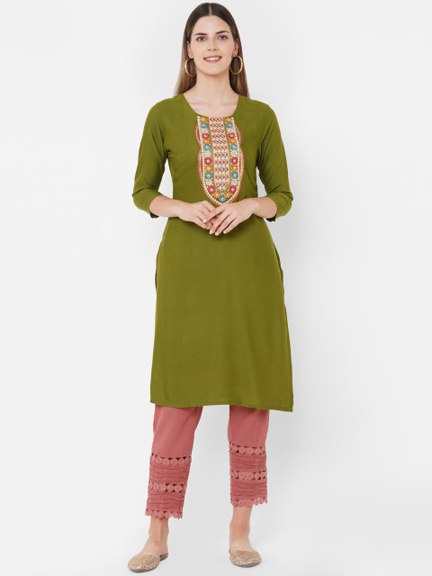 

FASHOR Women Green Yoke Design Thread Work Kurta