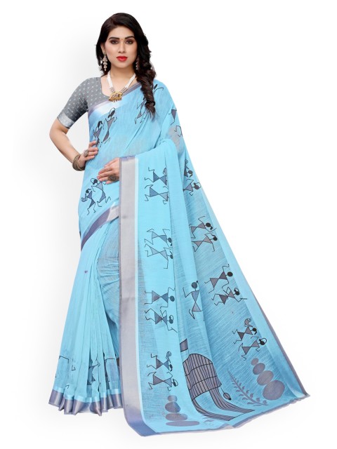 

KALINI Blue Printed Cotton Blend Saree