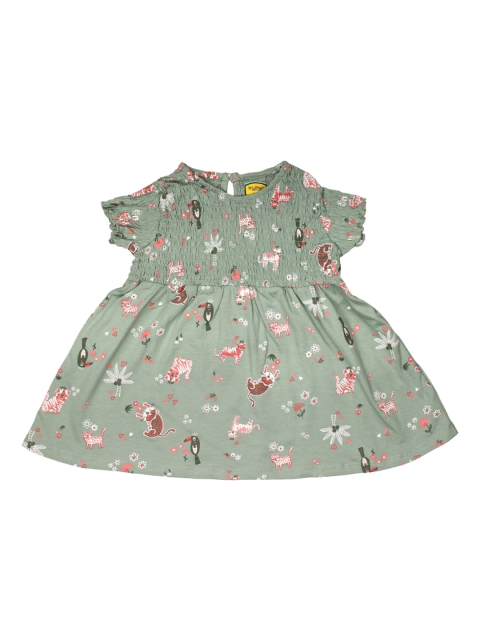 

Lil Lollipop Girls Green & Pink Floral Printed A-Line Cotton Dress