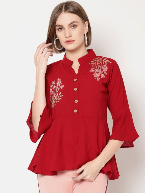 

V2 Value & Variety Maroon Floral Embroidered Mandarin Collar Crepe A-Line Top