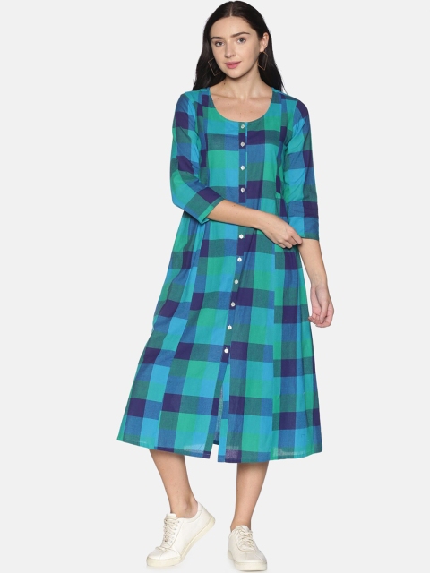 

Saffron Threads Women Turquoise Blue & Green Checked A-Line Pure Cotton Dress