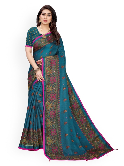

KALINI Blue Printed Jute Cotton Saree