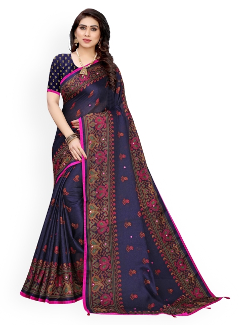 

KALINI Navy Blue Printed Poly Jute Cotton Saree